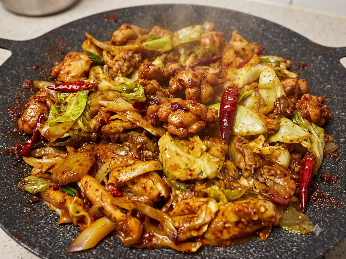 Una grande padella piena di pezzi di pollo saltati in padella, cavolo e peperoncini rossi secchi che brillano nella salsa rossa.