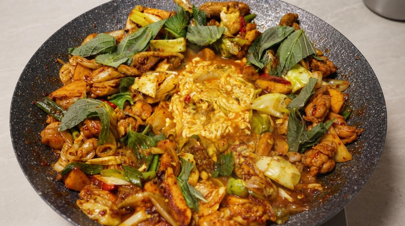Dak-galbi al Formaggio (Pollo Speziato Coreano Saltato in Padella)