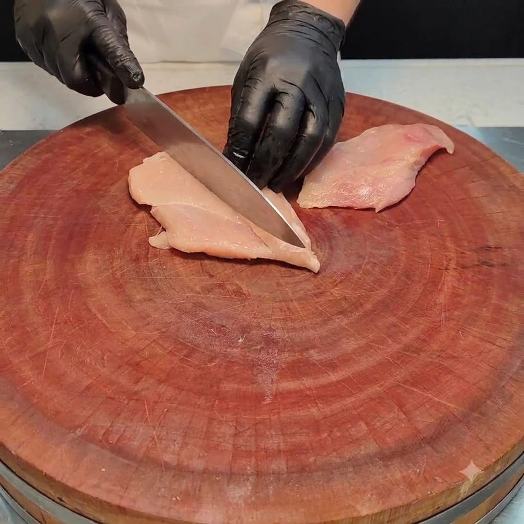 Un petto di pollo tagliato con cura e aperto con un coltello da cucina su un tagliere rotondo di legno.