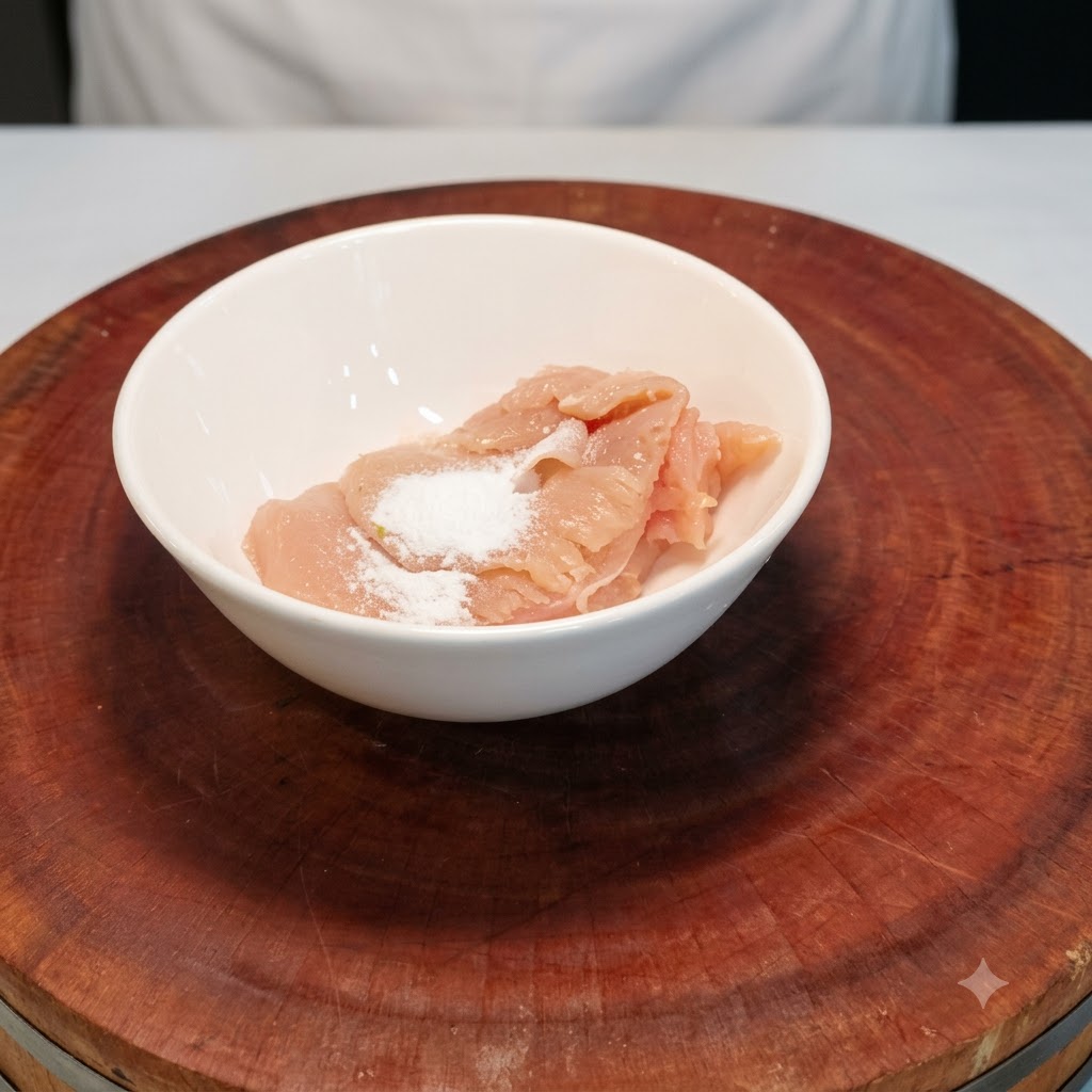 Fette di pollo allinterno di una ciotola bianca condite con quantità misurate di sale e vino da cucina.