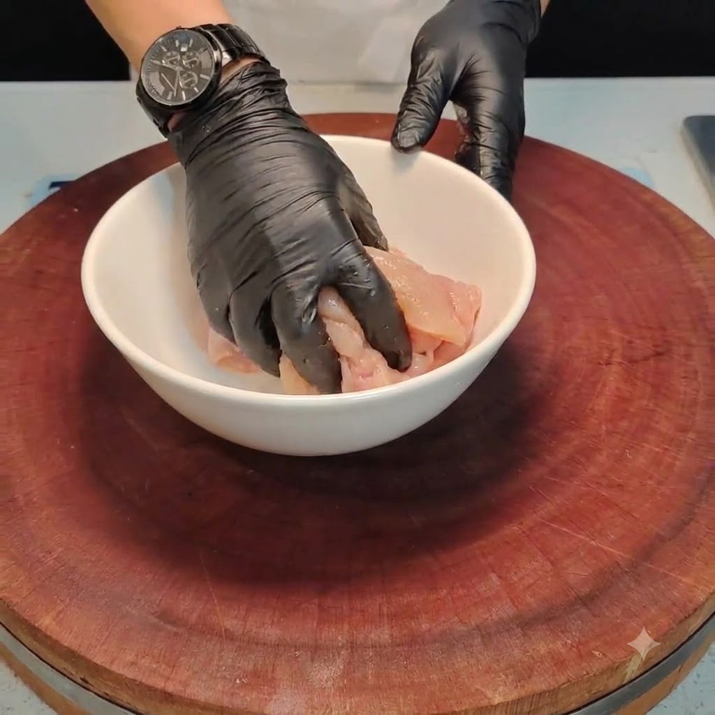 Mani con guanti che mescolano pezzi di pollo e condimenti allinterno di una ciotola bianca.