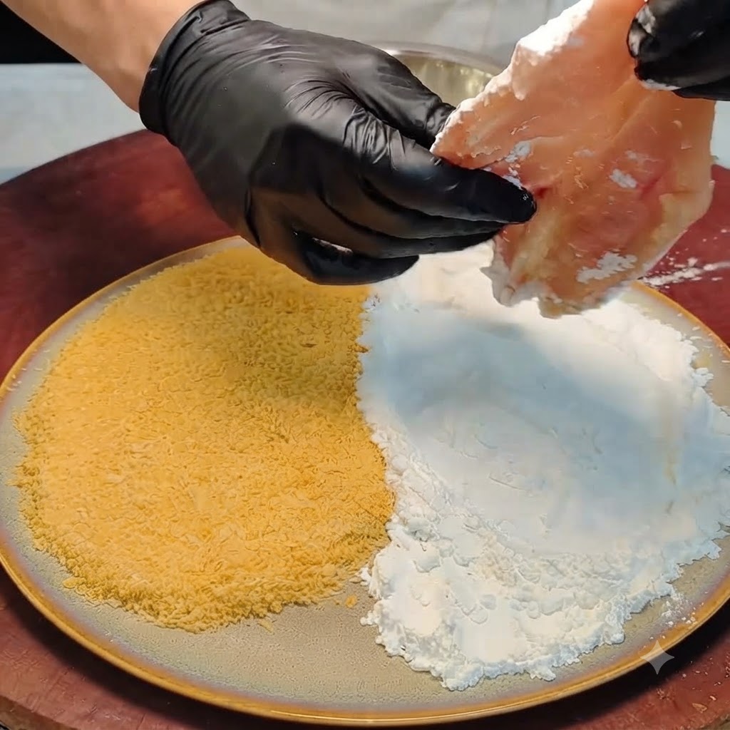 Una cotoletta di pollo marinata sollevata da un piatto coperto da un denso strato di amido bianco.