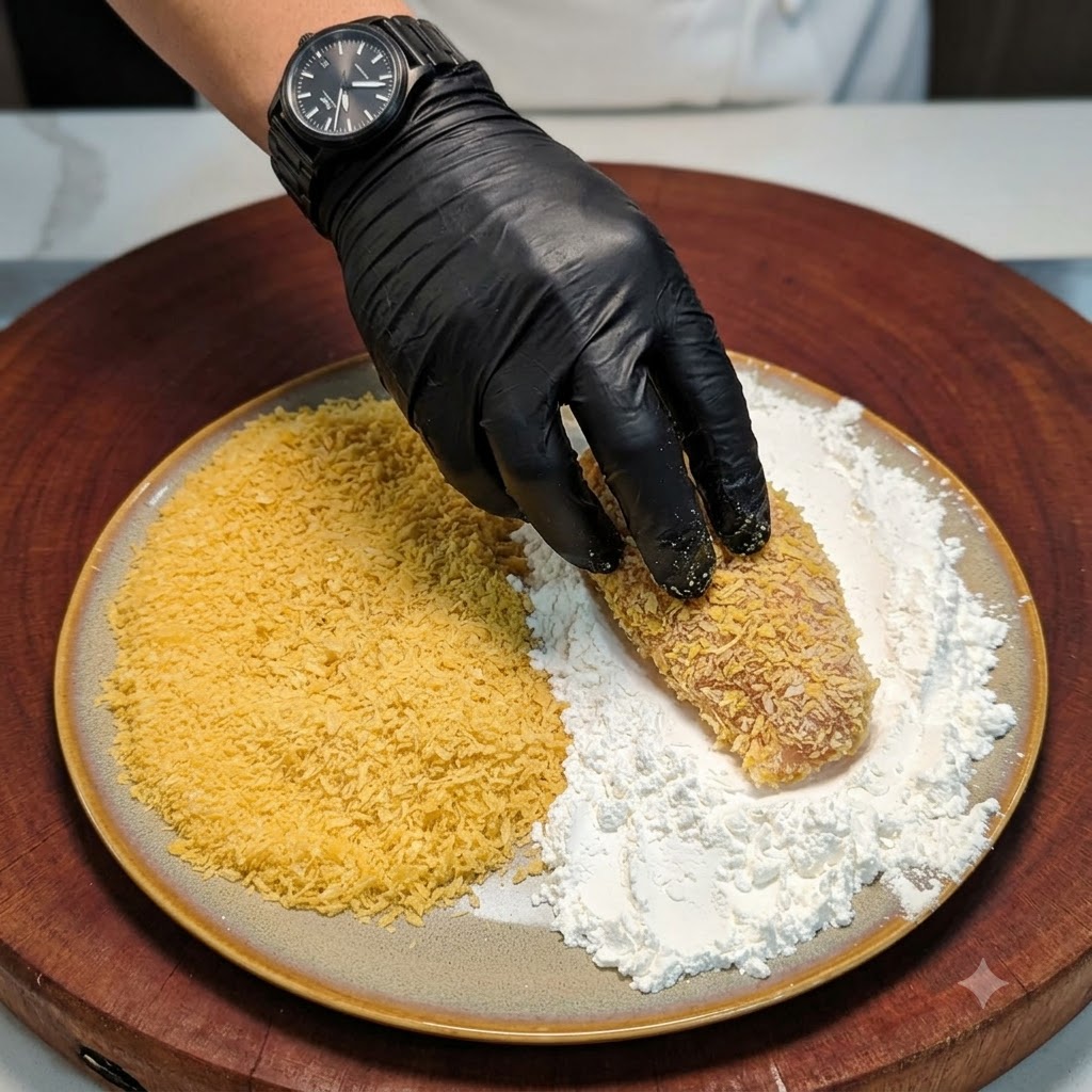 Una cotoletta di pollo intinta nelluovo premuta nel pangrattato su un piatto.
