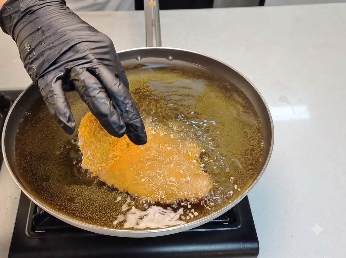 Una cotoletta di pollo impanata immersa in olio bollente allinterno di una padella.