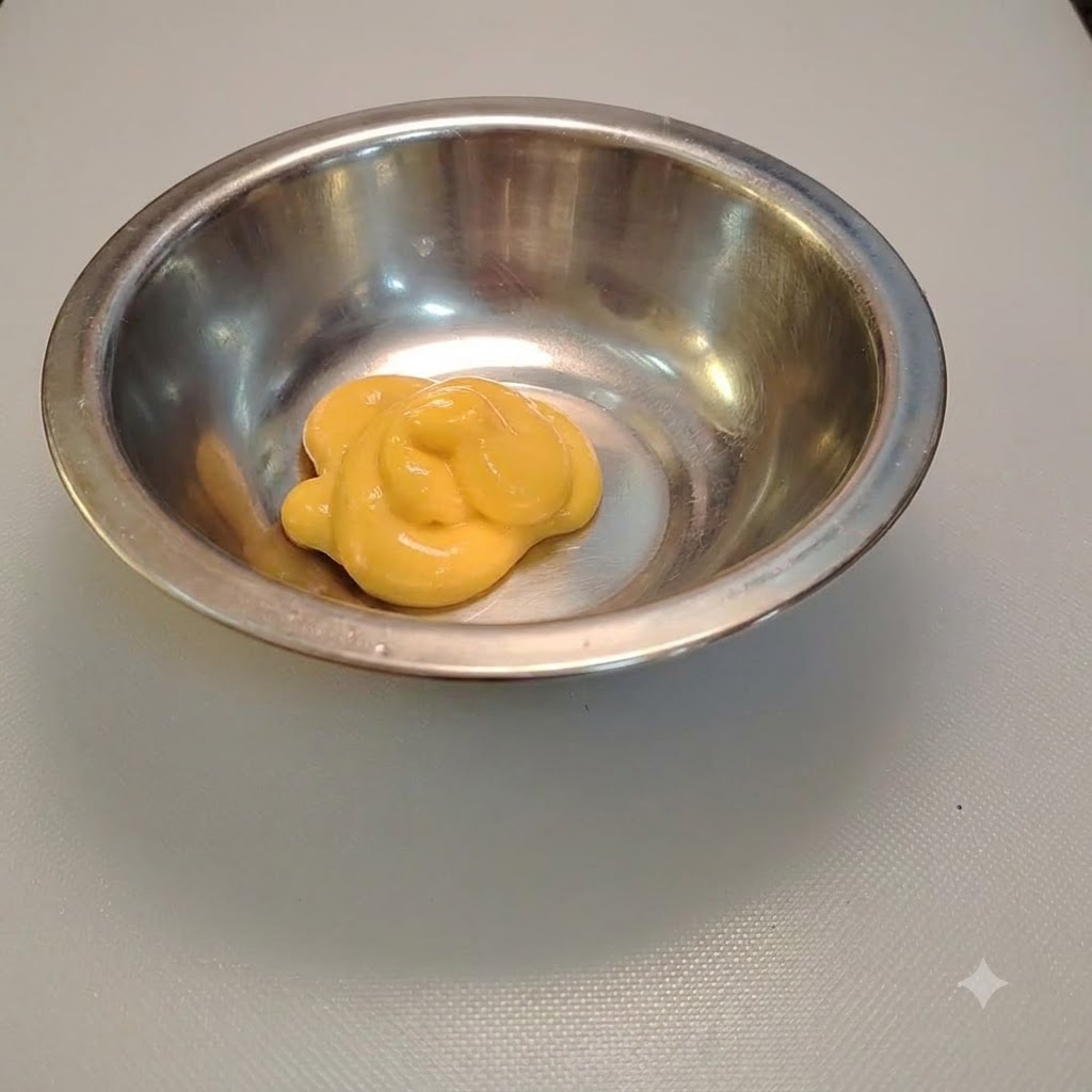 Condimento per insalata al formaggio spremuto in una ciotola di metallo lucida.