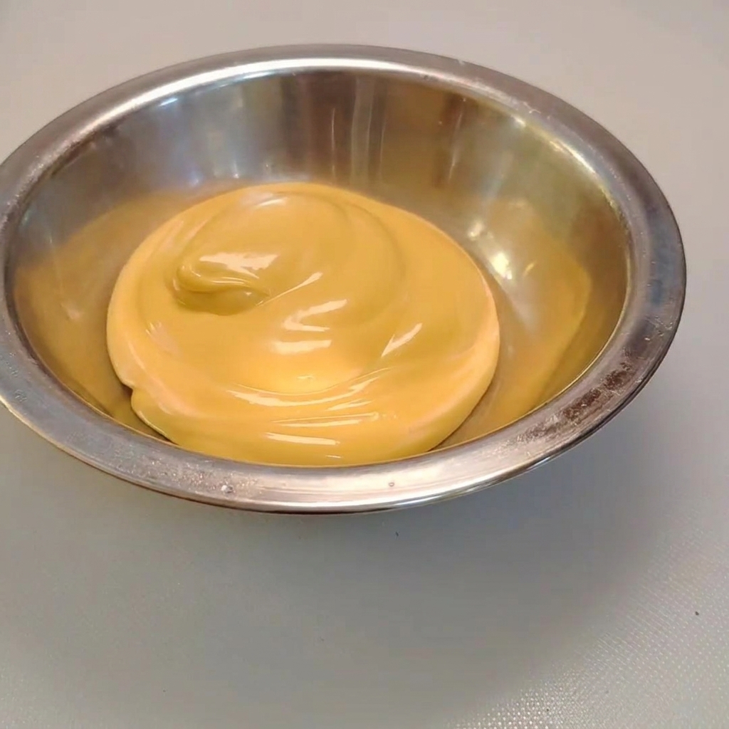 Wasabi spremuto in una ciotola di metallo riempita di condimento cremoso al formaggio.