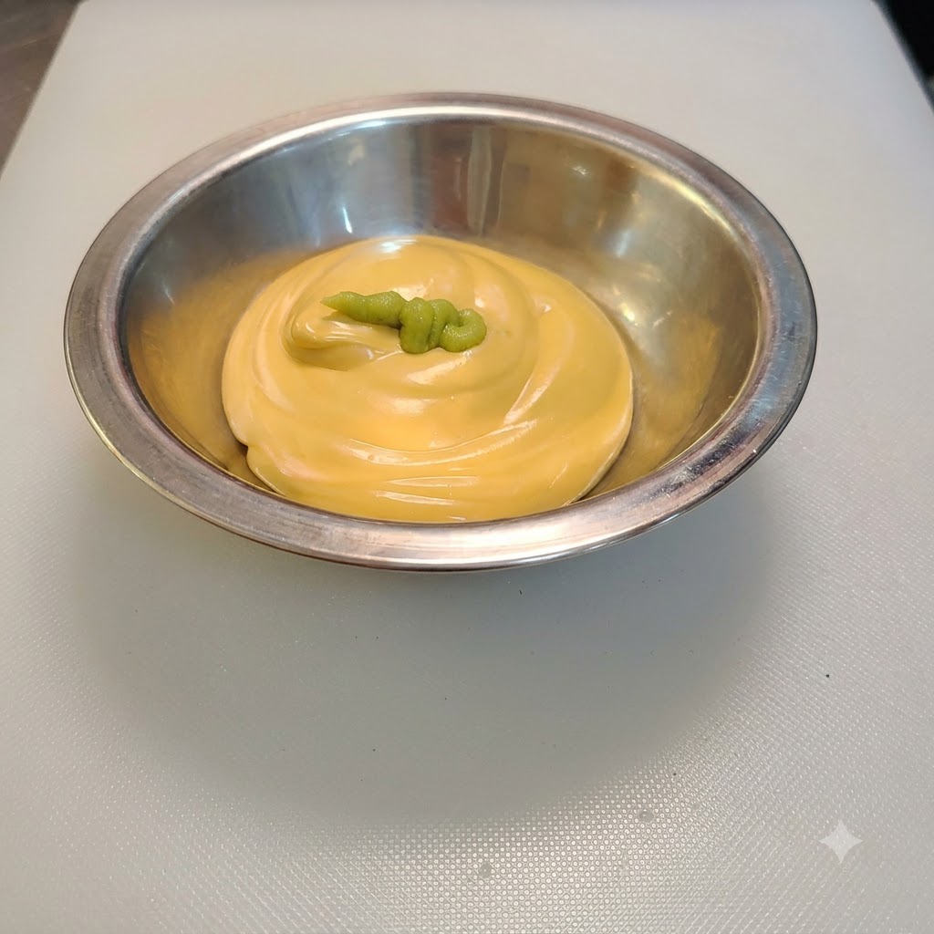 Pasta di wasabi verde aggiunta sopra il condimento al formaggio in una ciotola.