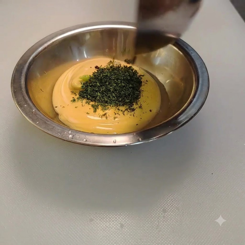 Foglie di prezzemolo essiccate cosparse sulla miscela di salsa in una ciotola.