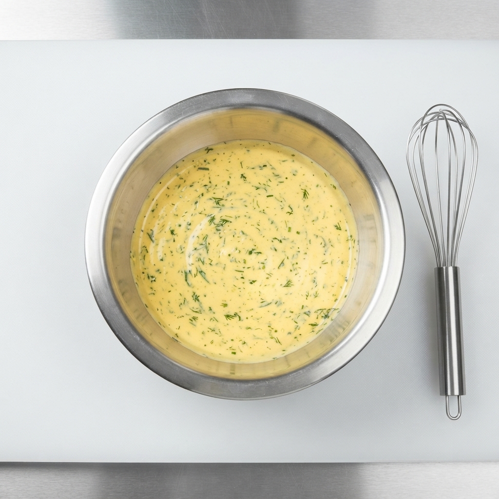 Una ciotola di metallo con salsa di formaggio e wasabi completamente mescolata accanto a una frusta metallica su un tagliere bianco.