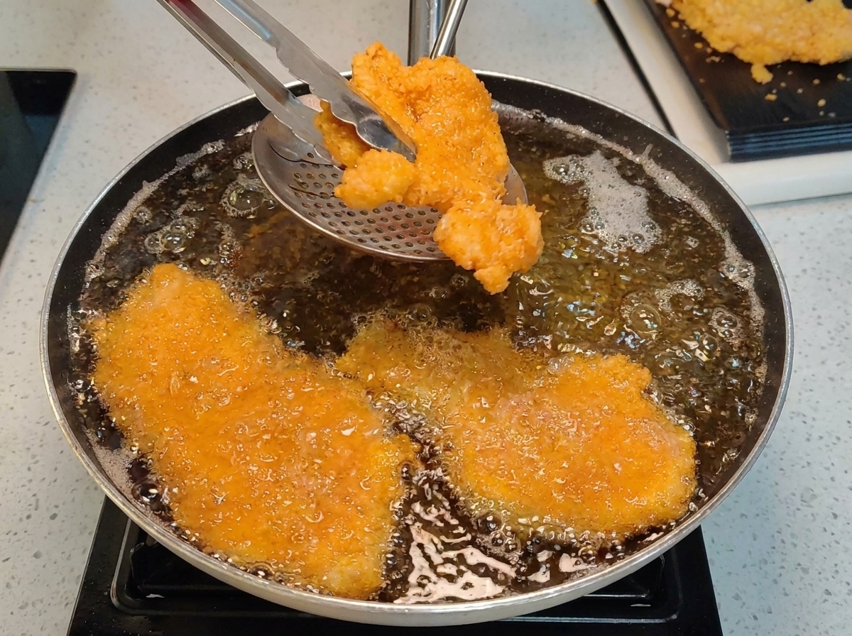 Cotolette di pollo fritte dorate estratte da una padella di olio caldo con pinze e un colino.