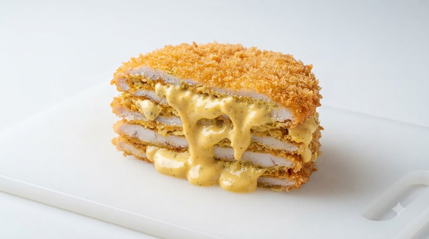 Una cotoletta di pollo dorata e affettata, con salsa cremosa al formaggio e wasabi che fuoriesce tra gli strati croccanti.