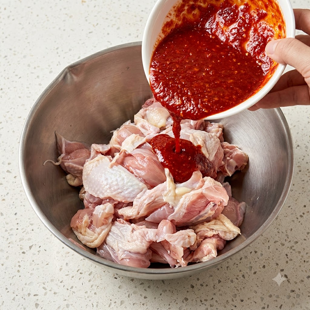 Salsa rossa versata da una ciotola bianca in una ciotola di acciaio inossidabile riempita di pollo crudo.
