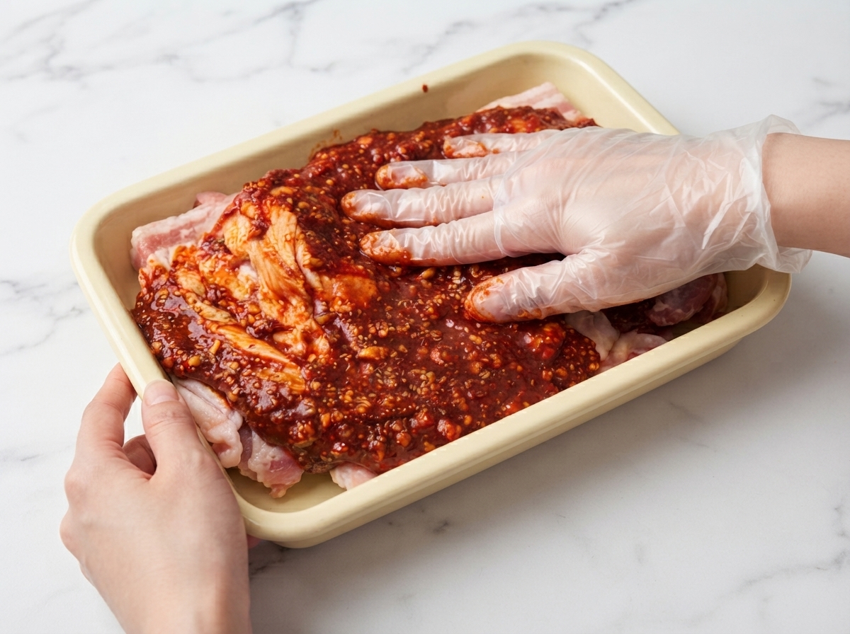 Una mano guantata che massaggia la marinata rossa piccante nella carne di pollo cruda dentro un contenitore giallo.