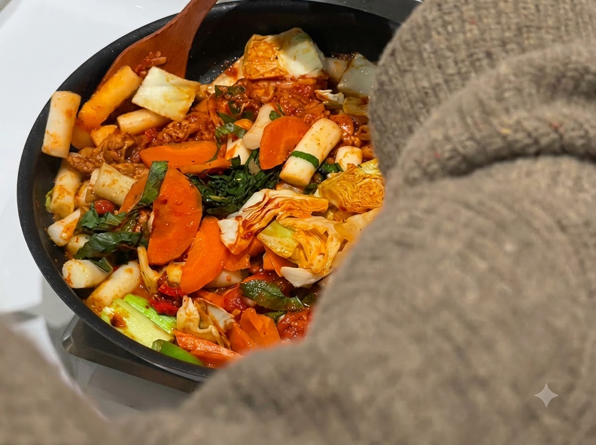 Un cucchiaio di legno che mescola pollo, verdure e gnocchi di riso che sobbollono nella salsa rossa dentro una padella.