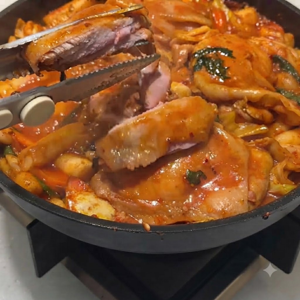 Forbici da cucina che tagliano pezzi di pollo parzialmente cotti allinterno di una padella.