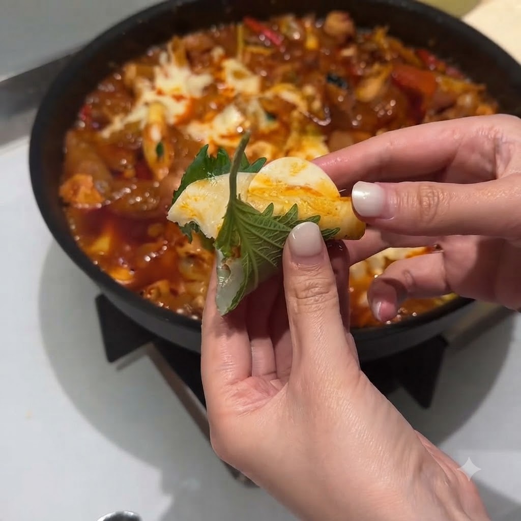 Riso bianco cotto aggiunto alla salsa rossa rimanente nella padella di cottura.