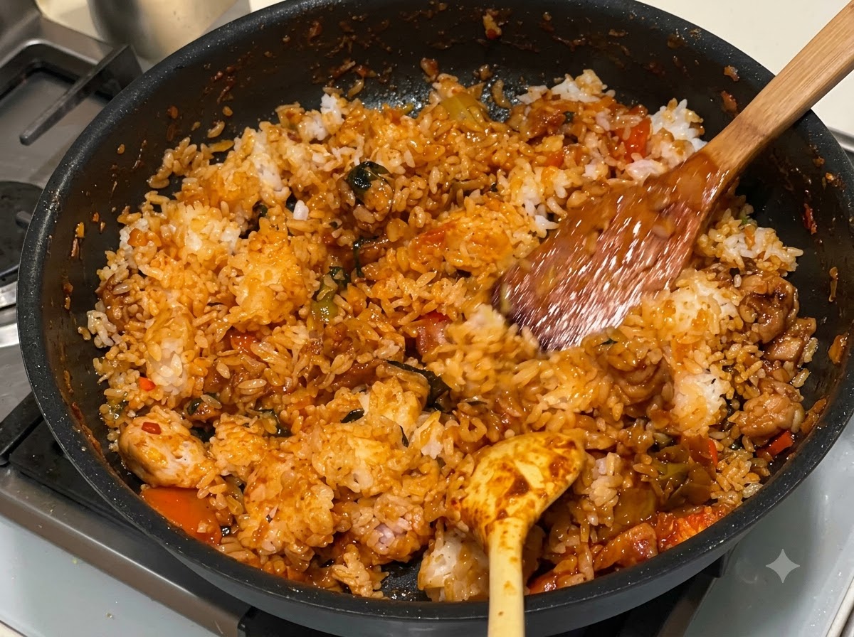 Una spatola di legno che mescola il riso bianco in una salsa piccante rosso vivo dentro una padella calda.