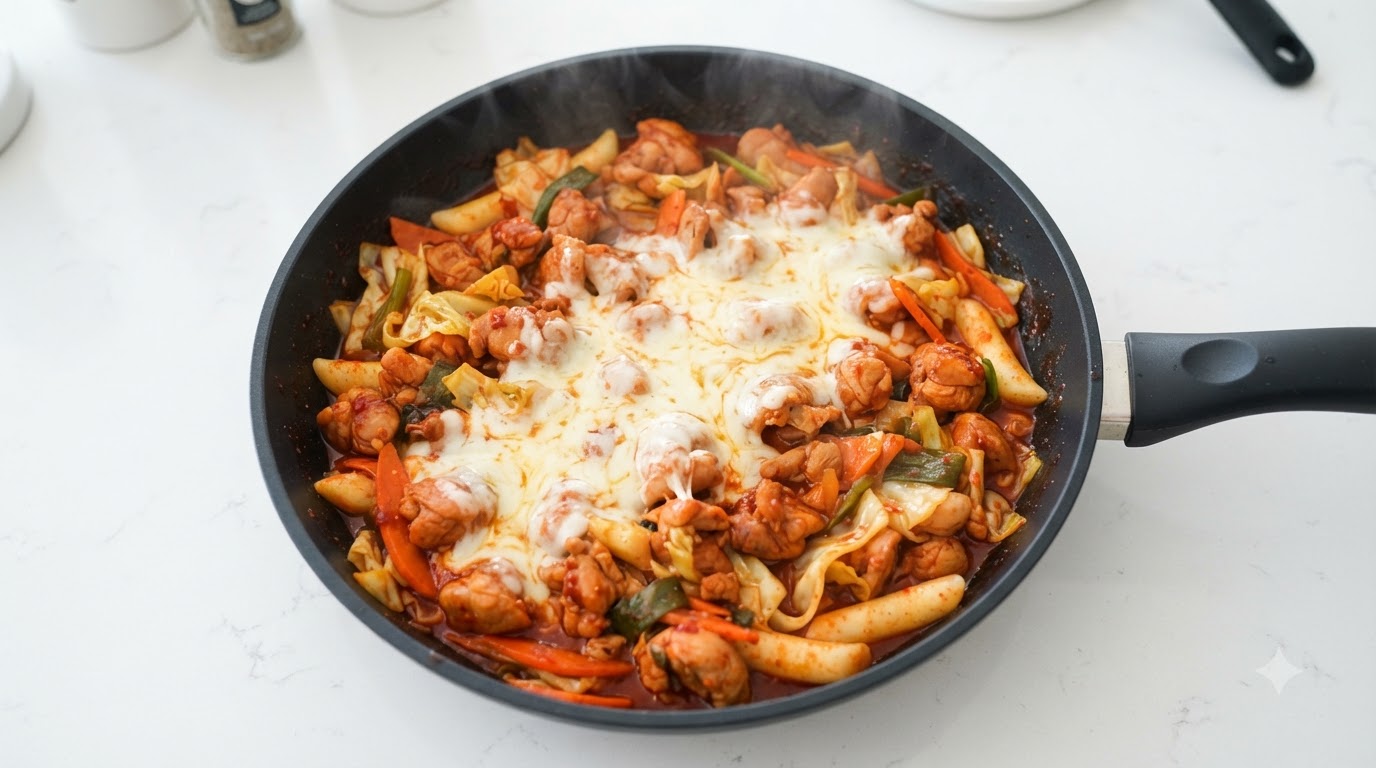 Pollo Piccante Coreano Saltato in Padella con Formaggio (Dakgalbi)