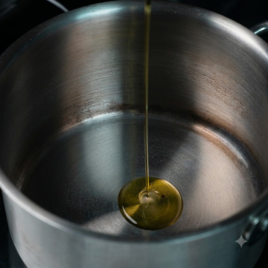 Olio doliva versato in una pentola di acciaio inossidabile pulita sul piano cottura.