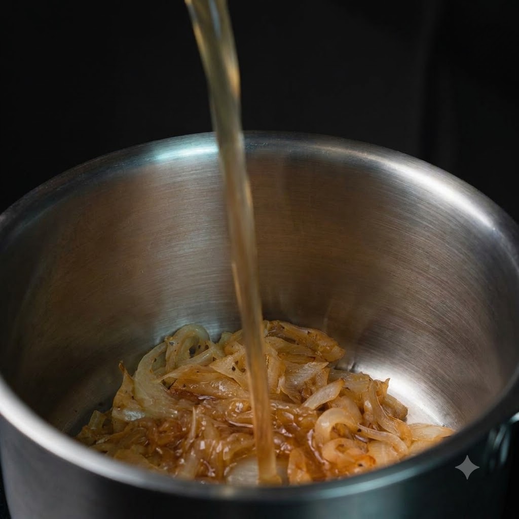 Brodo limpido versato in una pentola di cipolle dorate e caramellate.