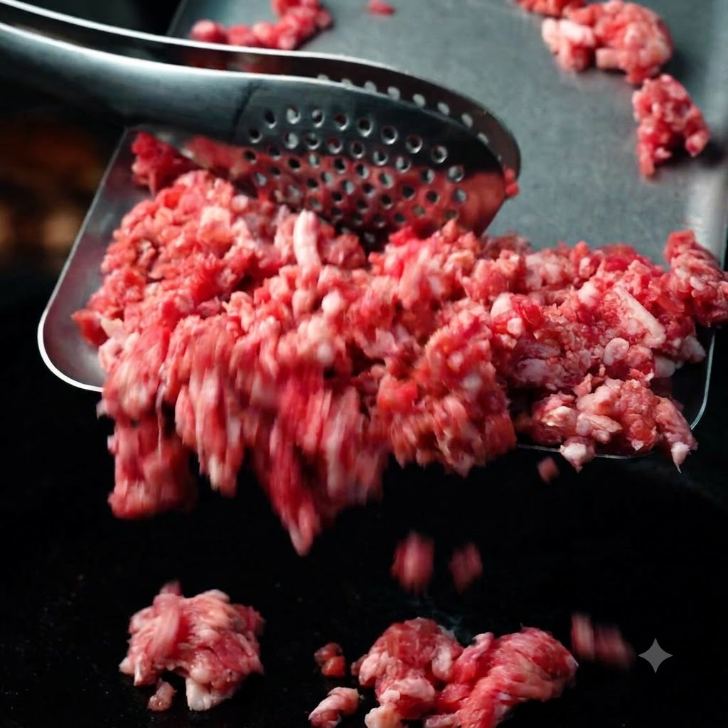 Carne macinata fresca di Angus australiano messa su una superficie di cottura calda.