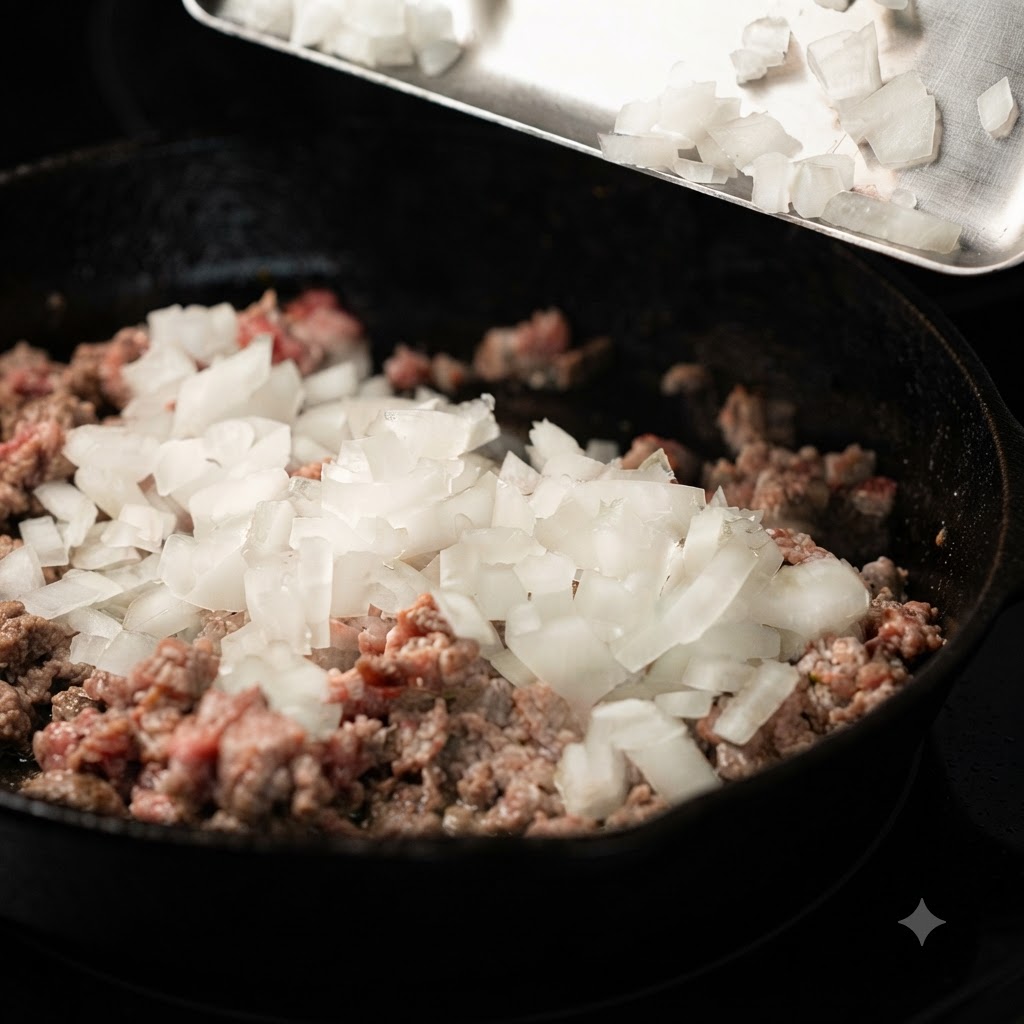 pezzi di cipolla bianca fresca tritata fatti cadere da un vassoio di metallo in una padella di ghisa riempita di carne macinata cotta.
