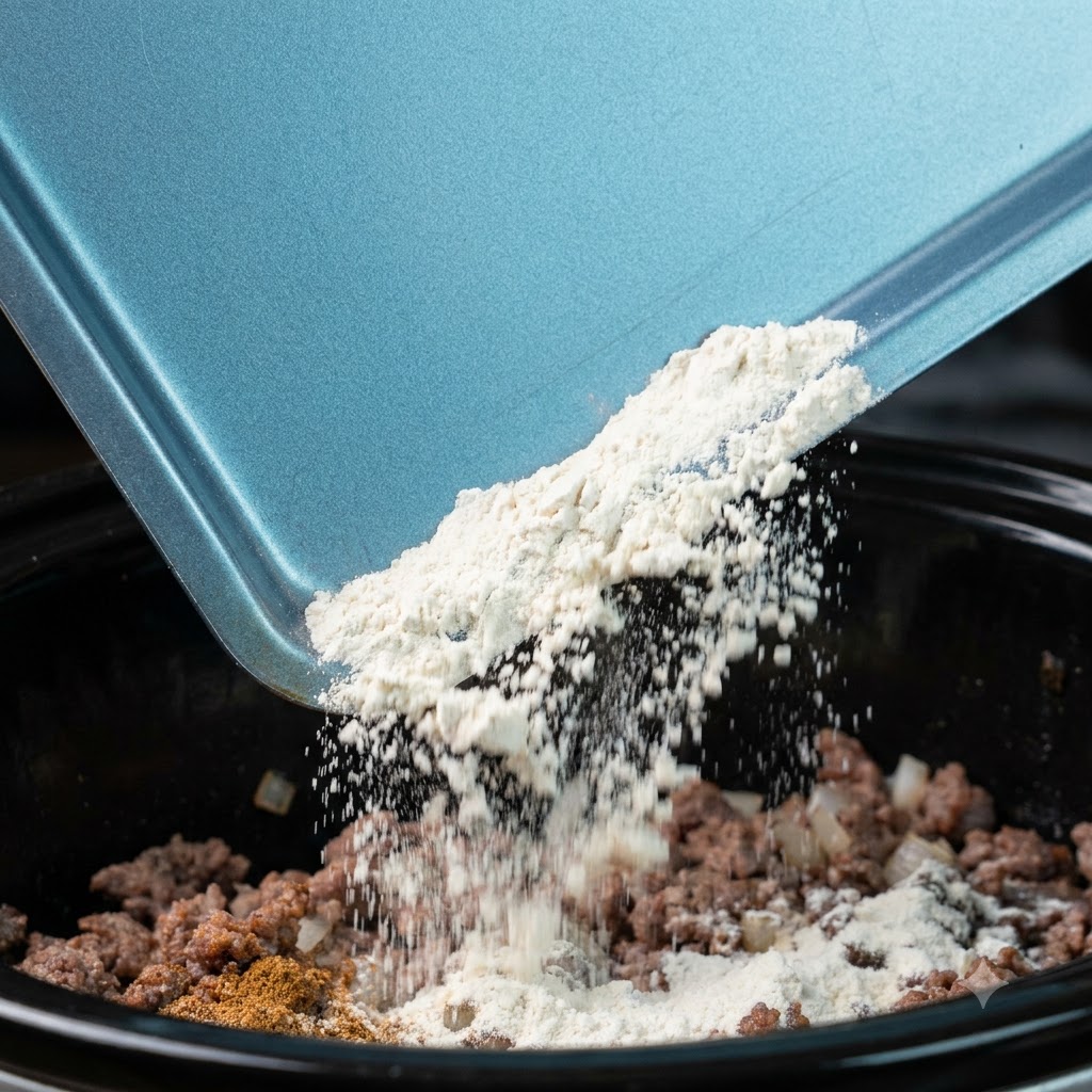 Farina secca e spezie in polvere versate da un vassoio blu sulla carne e sul composto di cipolle allinterno di un recipiente di cottura.