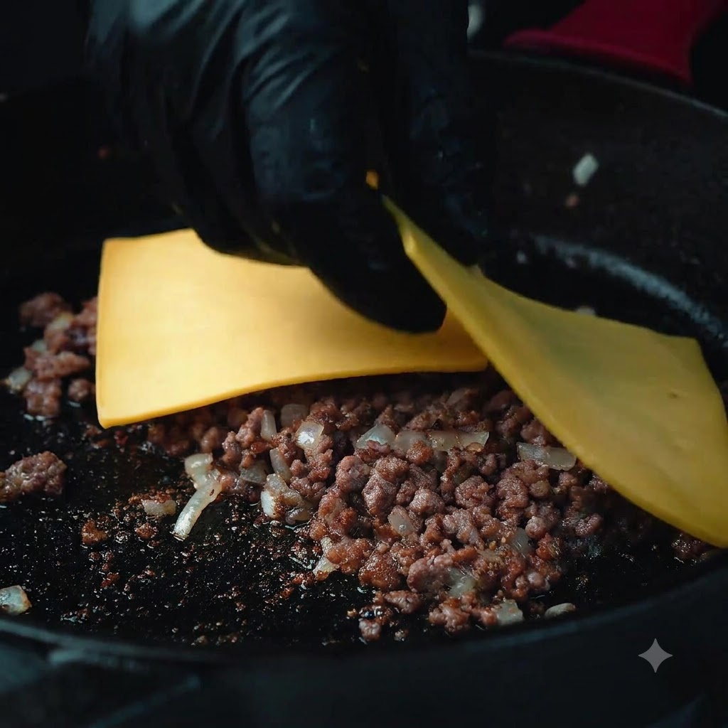 Una persona che indossa guanti neri posiziona fette di formaggio giallo quadrate sulla carne macinata cotta in una padella di ghisa.