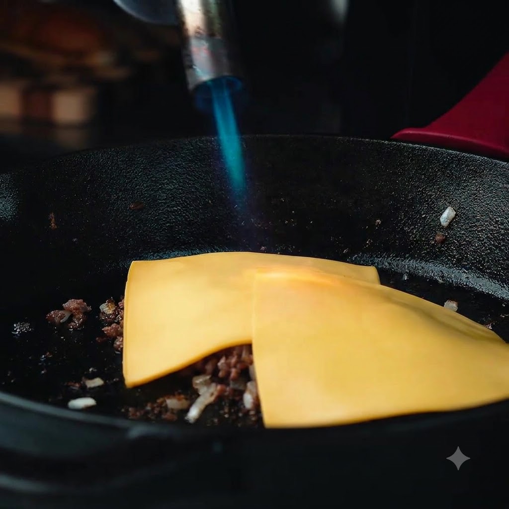 Un cannello da cucina che emette una brillante fiamma blu puntata direttamente sulle fette di formaggio giallo che si sciolgono sopra la carne cotta in una padella.