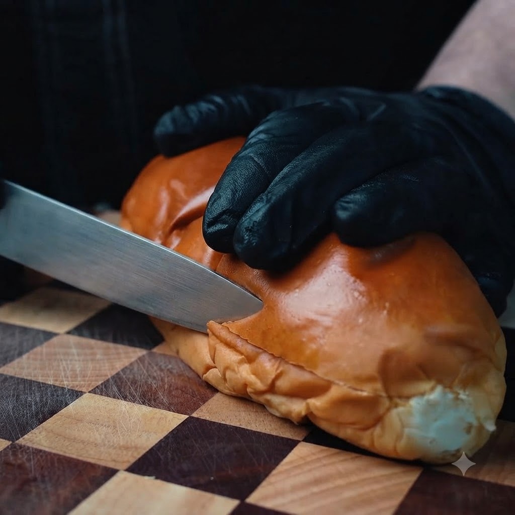 La mano di uno chef con un guanto nero che taglia un panino dorato su un tagliere di legno a scacchi con un coltello.