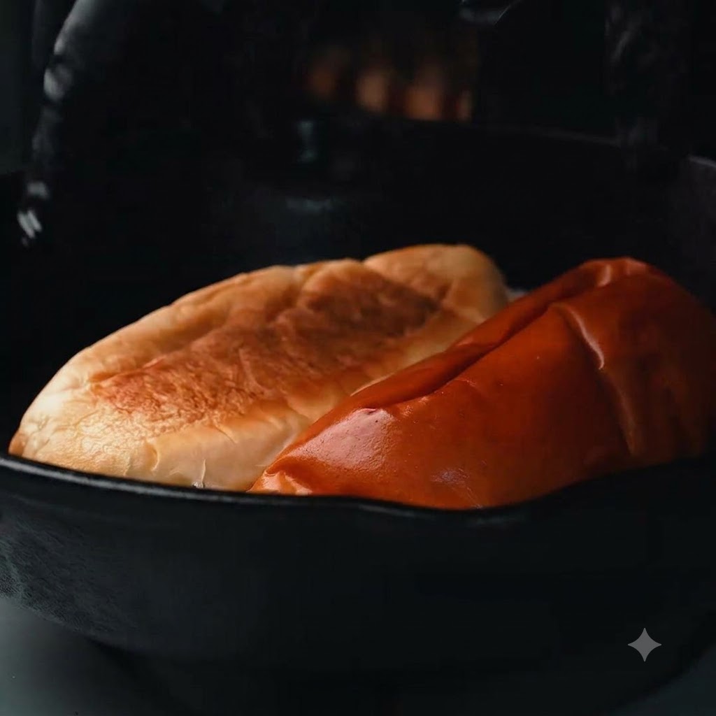 Due metà di un panino che tostano allinterno di una padella di ghisa scura, mostrando superfici tostate color marrone dorato.
