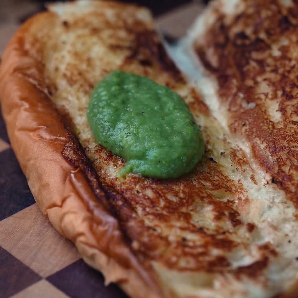 Salsa verde piccante spalmata uniformemente allinterno di un panino tostato.