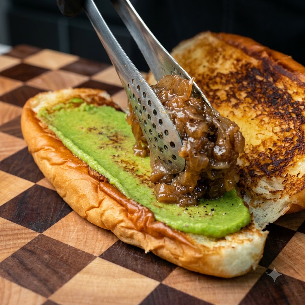 Pinze che posizionano le cipolle caramellate sopra la salsa verde allinterno di un panino.