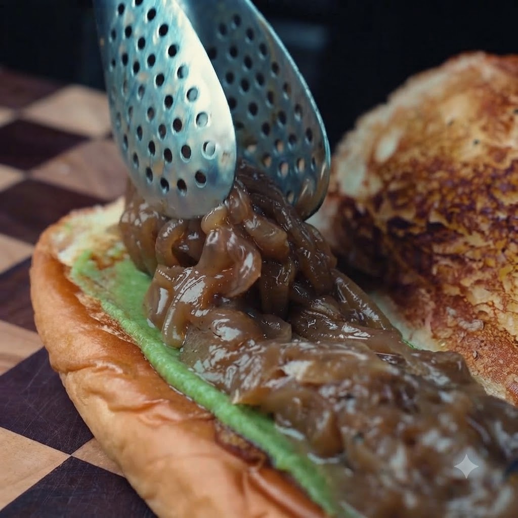 La carne macinata cotta con formaggio fuso aggiunta nel panino con un utensile.