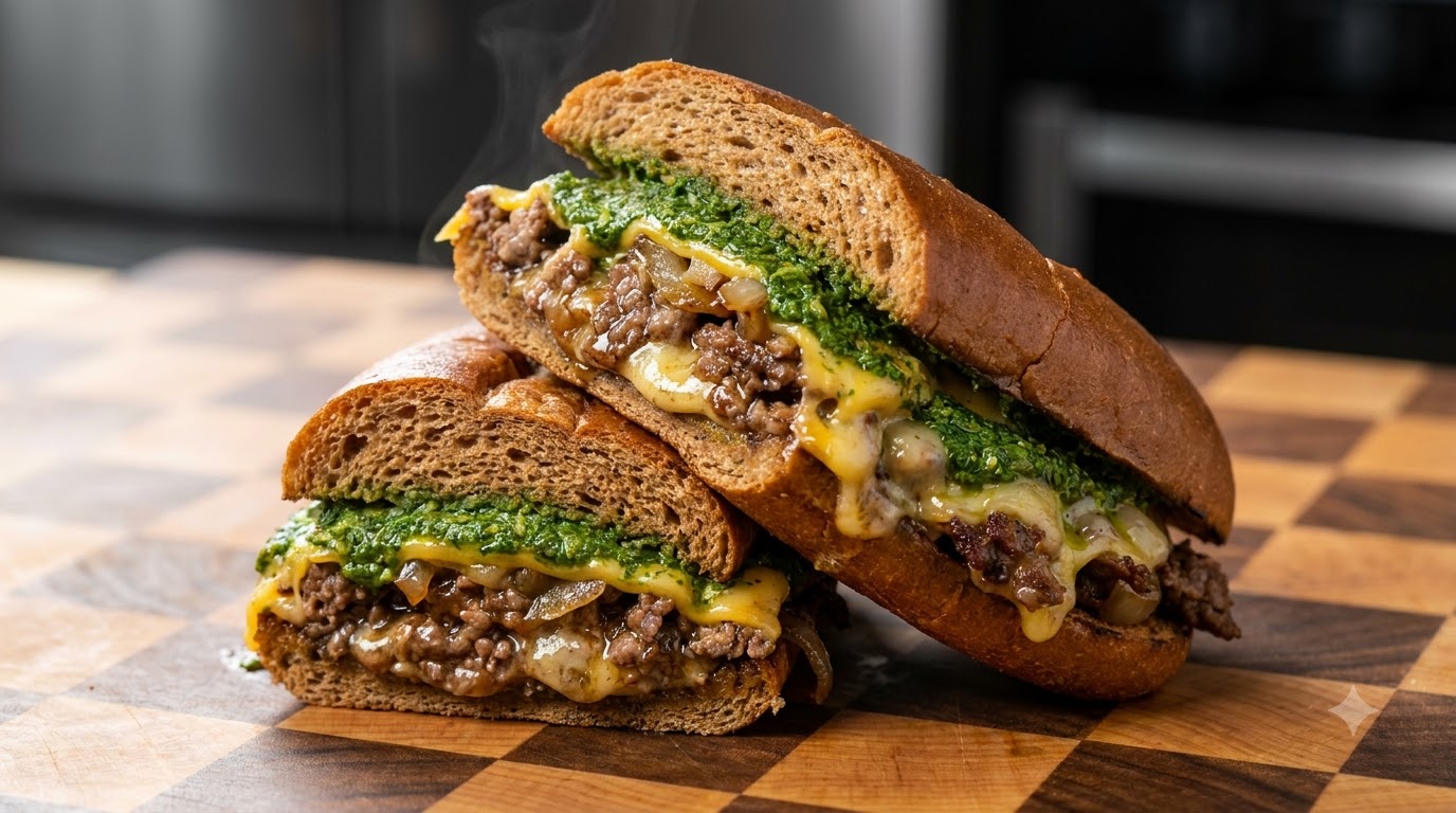 Panino Gourmet Philly Cheesesteak con Carne Macinata e Salsa Verde