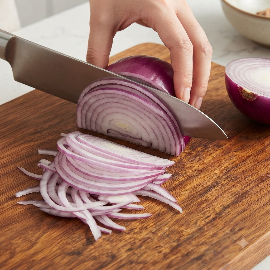 Una cipolla rossa tagliata accuratamente a sottili listarelle a mezzaluna su un tagliere di legno con un coltello da chef affilato.