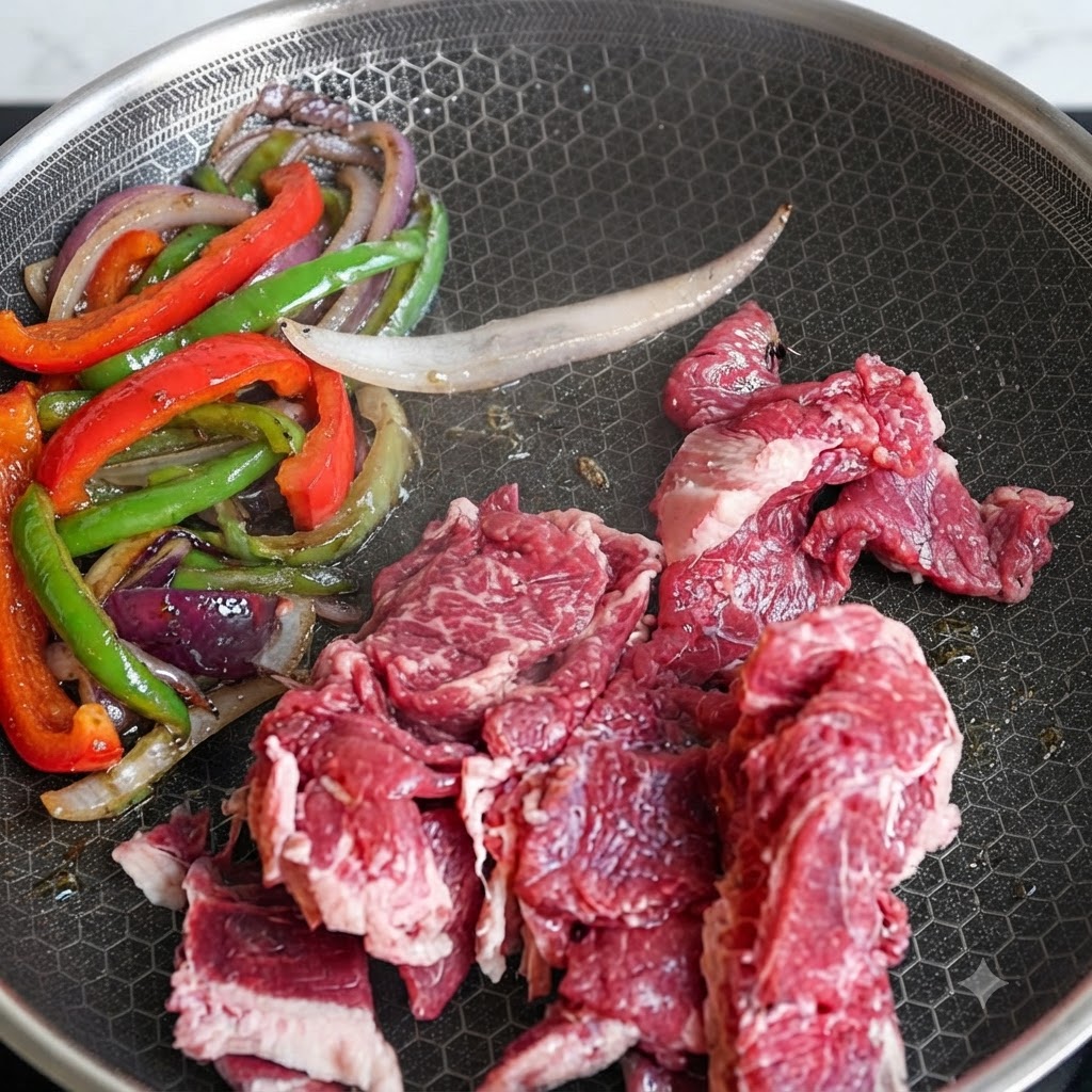 Pezzi di manzo crudo posizionati accanto a peperoni e cipolle saltati in una padella.
