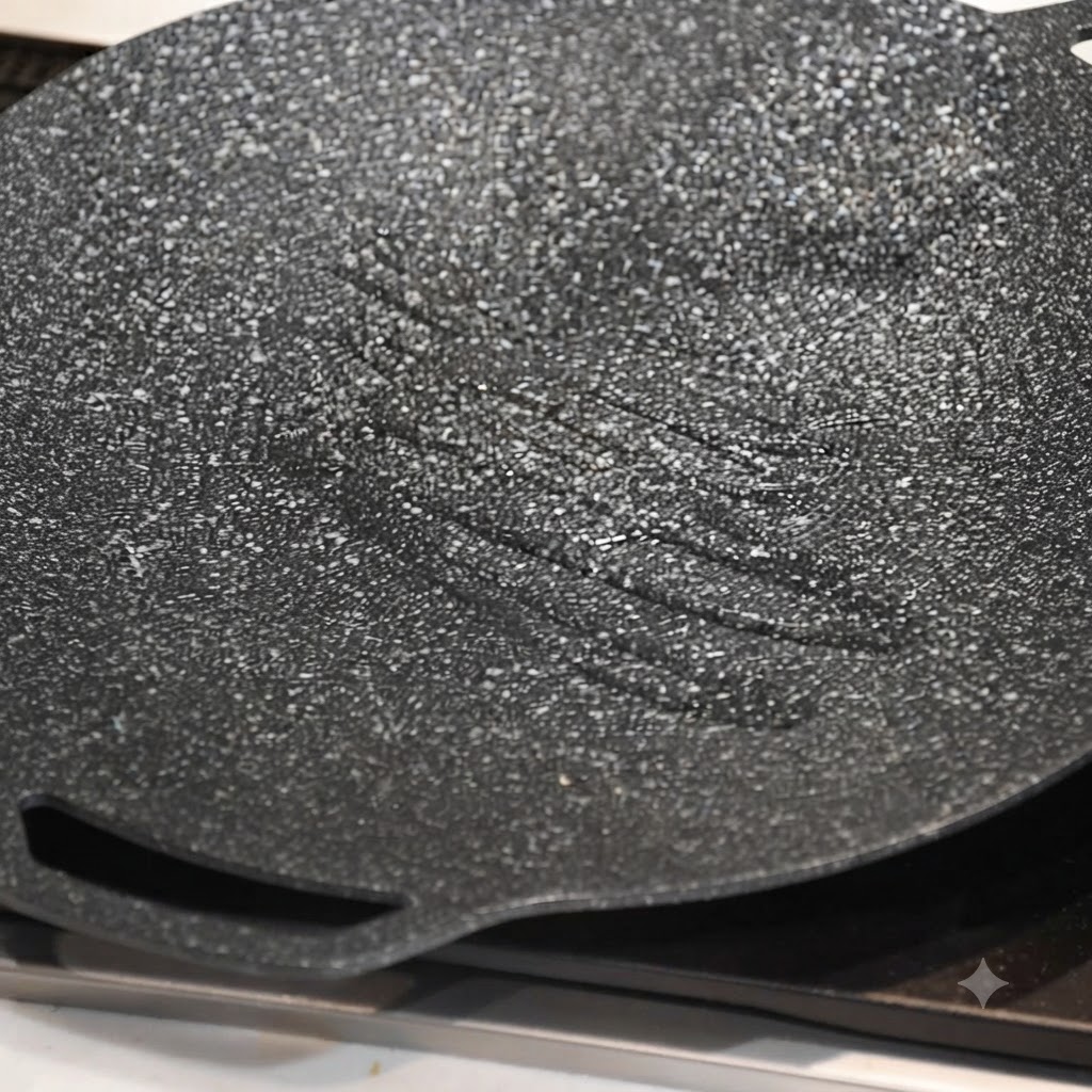 Una piastra calda unta dolio, pronta per tostare il pane.