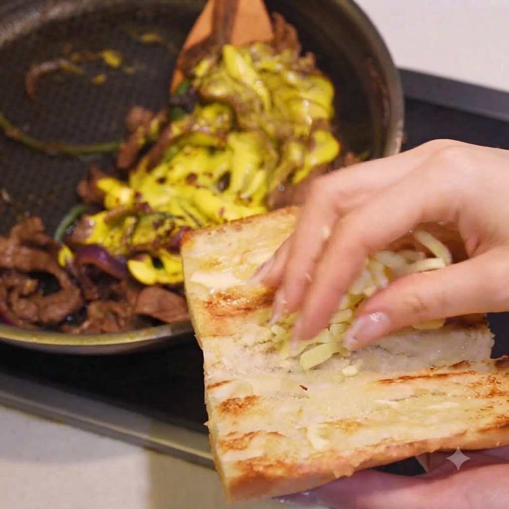 Una mano che sparge mozzarella grattugiata su una metà di baguette tostata.