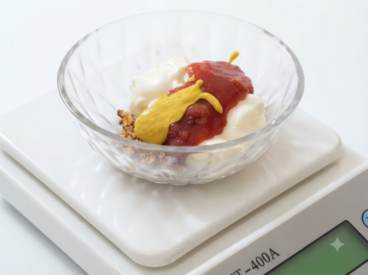 Un filo di salsa di senape giallo brillante aggiunto sopra gli ingredienti allinterno della ciotola di vetro.