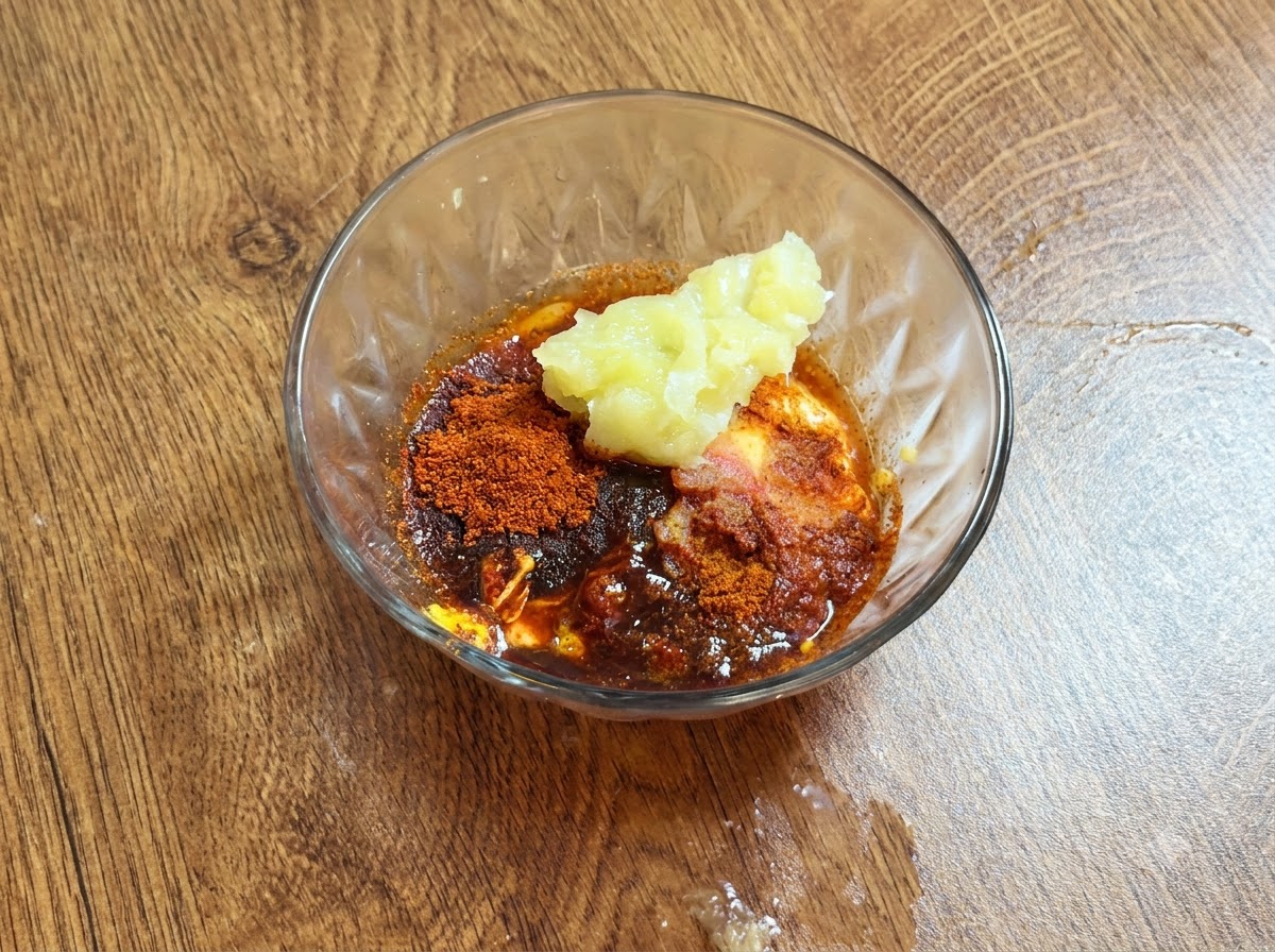 Un cucchiaio di purea di frutta di limone posto sopra gli ingredienti della salsa mescolati allinterno di una ciotola di vetro.