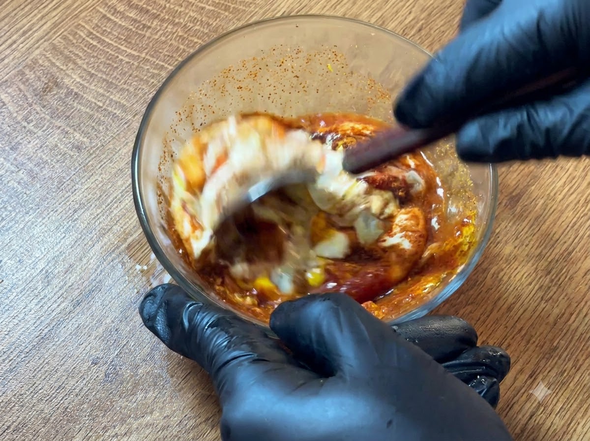 Una mano guantata che usa un cucchiaio di legno per mescolare vigorosamente tutti gli ingredienti della salsa per burger insieme in una ciotola di vetro.