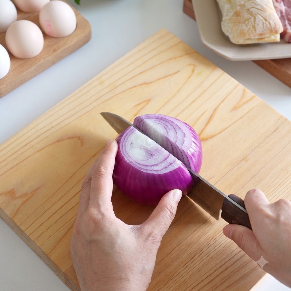 Metà di cipolla rossa tagliate a strisce sottili su un tagliere con un coltello da cucina.