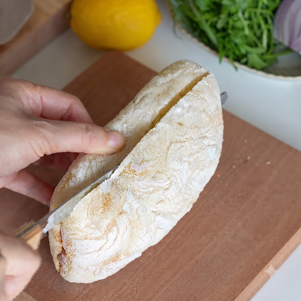 Una pagnotta di pane ciabatta tagliata a metà nel senso della lunghezza su un tagliere di legno.