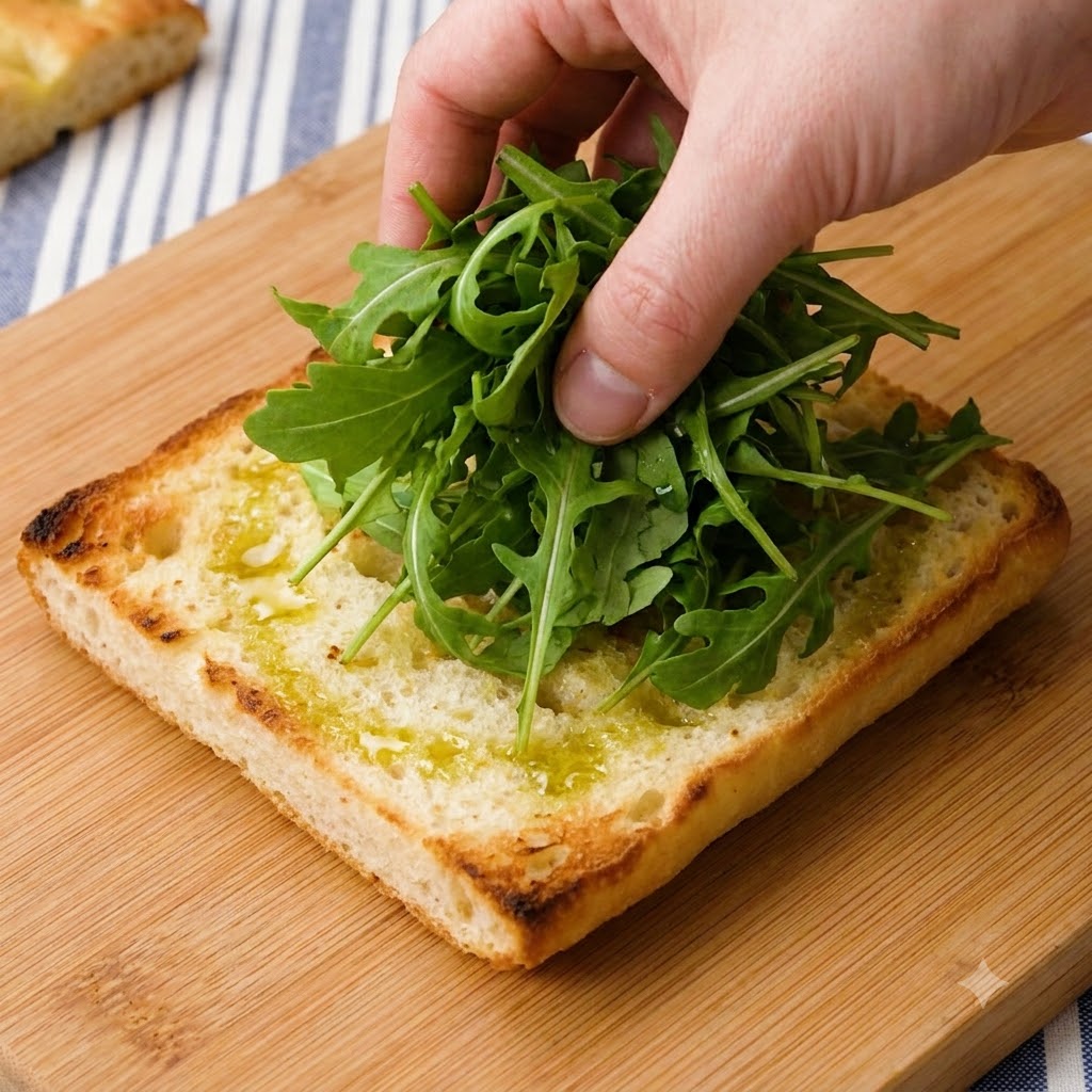Rucola verde fresca posizionata a mano su una fetta di pane ciabatta tostato.