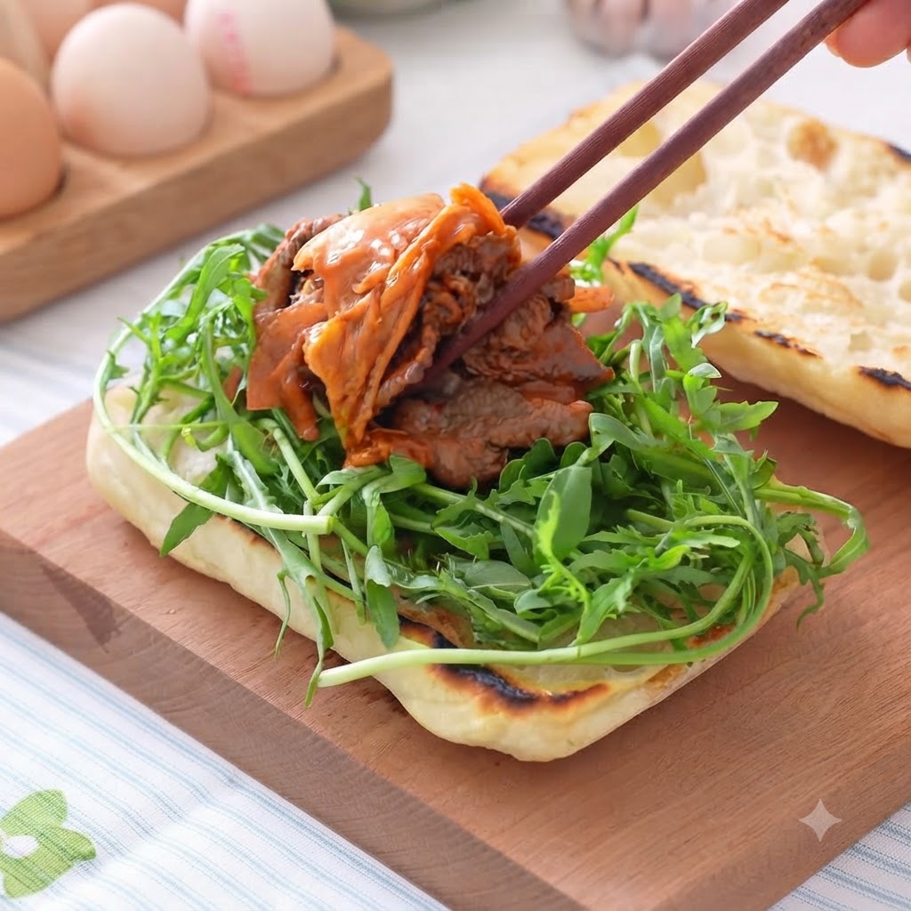 Composto cotto di manzo e kimchi trasferito sullo strato di rucola con le bacchette.