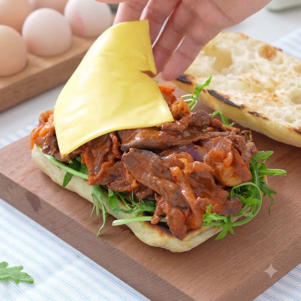 Fette di formaggio disposte sopra il ripieno caldo di manzo e kimchi nel panino.