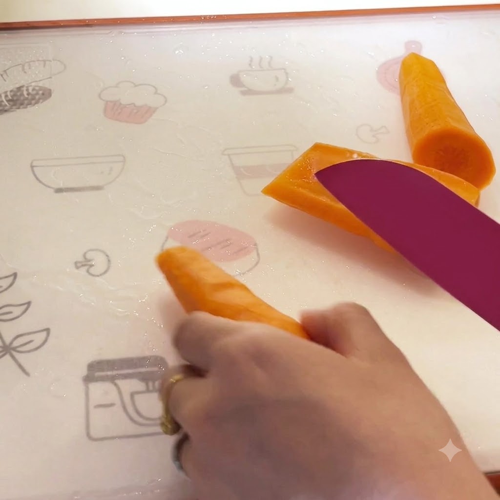 Una mano utilizza un coltello per rifinire e modellare una carota cruda su un tagliere.