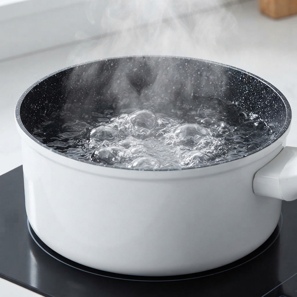 Cime di broccoli surgelate che vengono immerse in una pentola di acqua bollente.