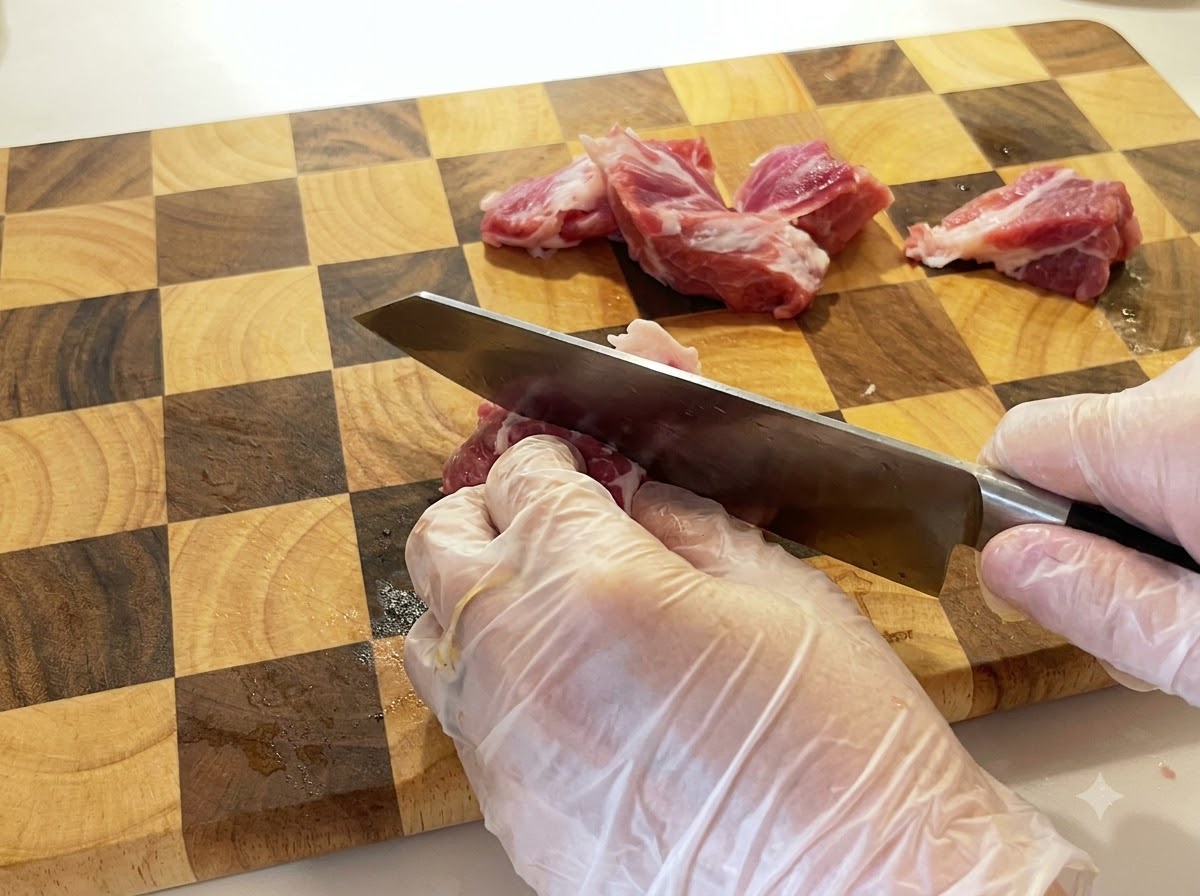 Una mano con un guanto impugna un coltello per tagliare la spalla di maiale cruda su un tagliere in legno.